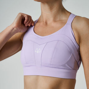 Lavender sports bra with a MAAREE logo on a neutral background